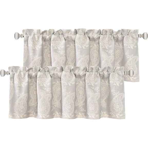 DriftAway Cathy Valance Linen Textured 2 Layers Farmhouse and Modern Rustic Room Darkening Blackout Valance Paisley Block Print, 2 Pack, 52" x 18" Plus 2" Header, Gray
