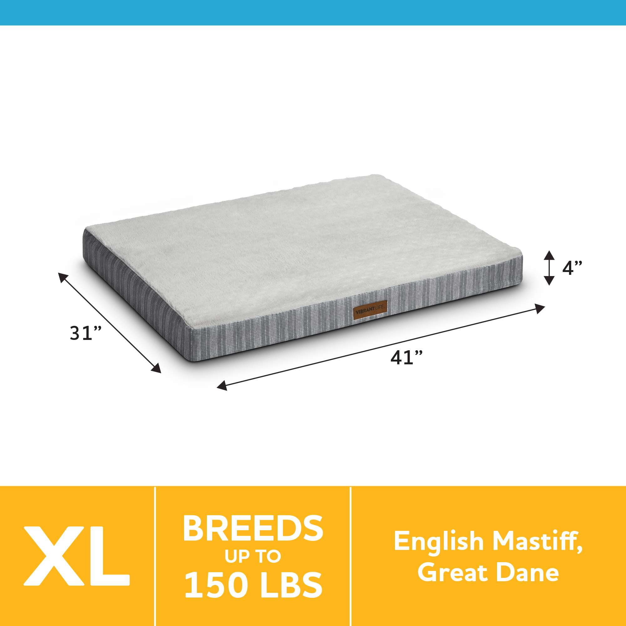 Vibrant Life Jumbo Orthopedic Foam Dog Bed for Large Breeds , Extra Large 41" x 31", Grey