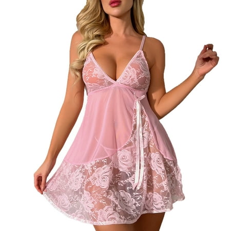 

BIZIZA Chemise for Women Mesh Babydoll Plus Size Lace Nightdress Solid Color Sleepwear Sexy Lingerie Pink XXL