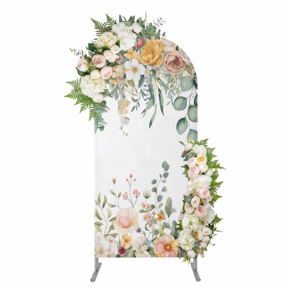 Arch Backdrop 6.6 Ft, Spring Floral Spandex Stretch Fitted Arch Cover, Round Top Chiara Arches Stand Backdrop Cover for Wedding Birthday Party Baby Shower Watercolor Roses Eucalyptus Leaves Botanical