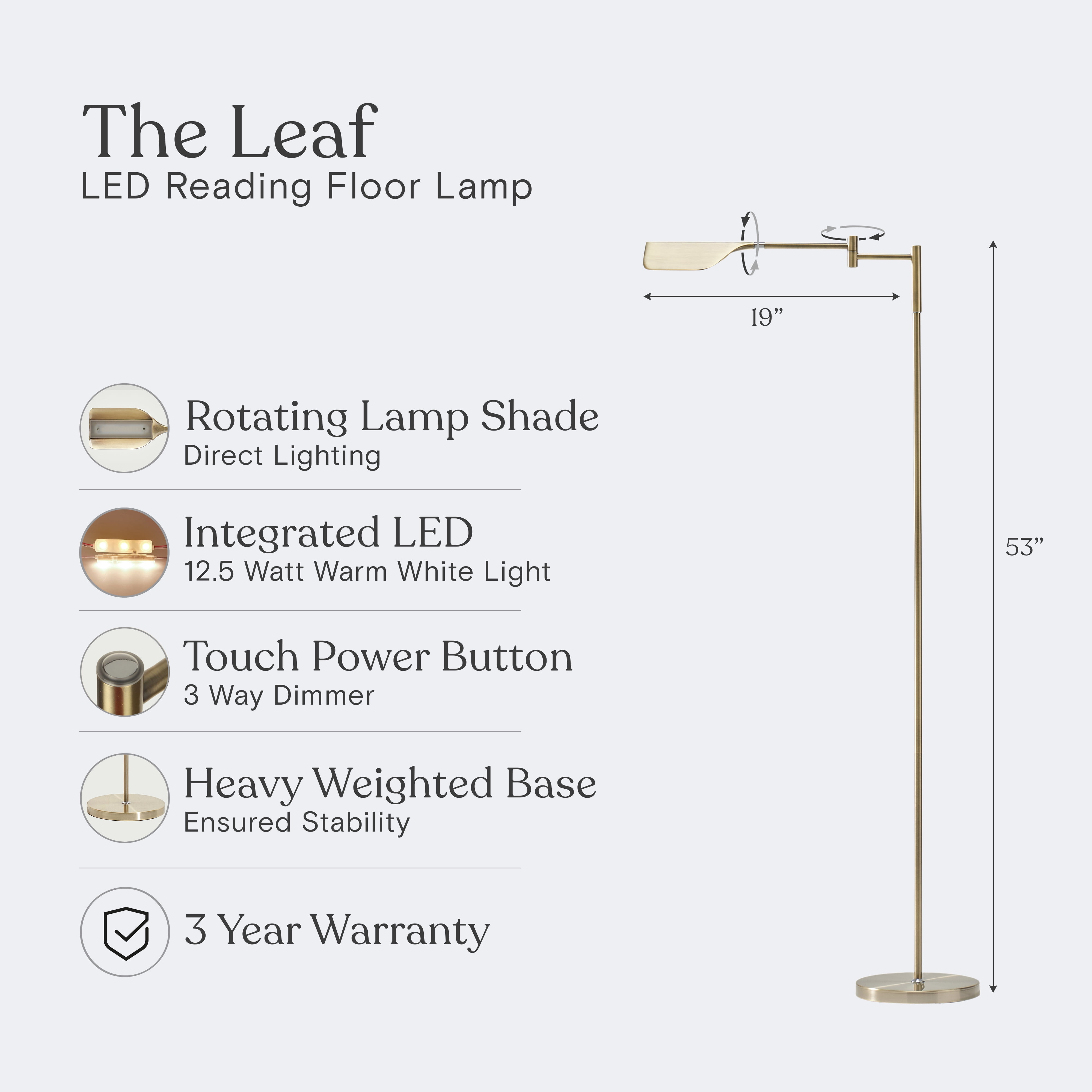 Brightech Leaf LED Floor Lamp, Pharmacy LED Floor Lamp for Living Rooms & Offices, Adjustable Standing Lamp for Bedroom Reading, Tall Lamp For Sewing & Craftwork - Brass, Gold
