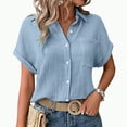 thumbnail image 4 of ORT Womens Short Sleeve Shirts V Neck Collared Button up Shirt Top Blouses with Pocket(Light Blue,M), 4 of 9