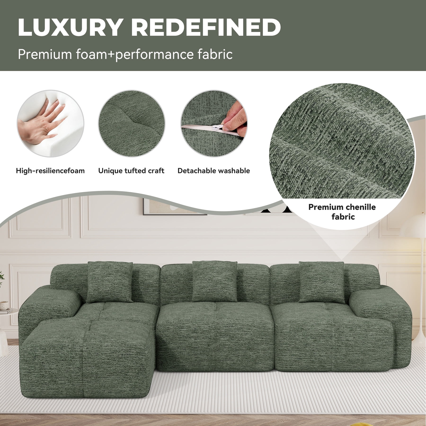 MOONMISS 122" Modern L Shaped Modular Sectional Sofa, Boneless Couches for Living Room with Ottoman,4 Seater Convertible Chenille Cloud Couch Sofa Set, No Assembly Required,Green