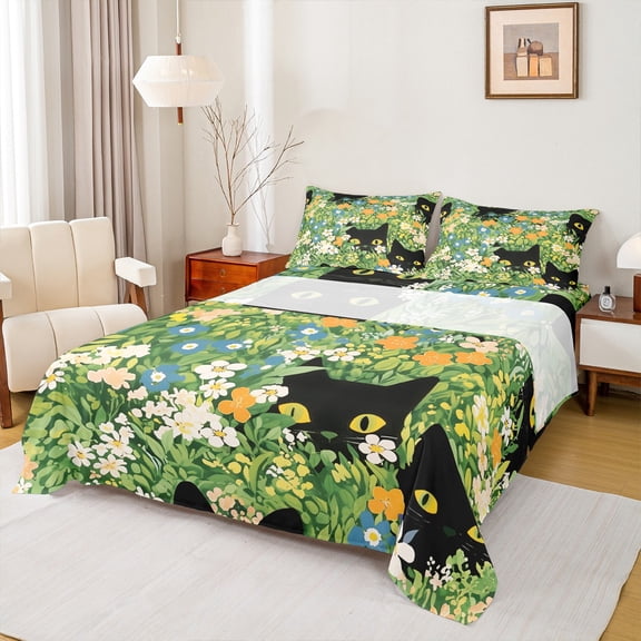 Manfei Cute Cat Twin Sheet Sets,Rustic Flower Floral Twin Fitted Sheet,Black Green White Flat Sheet For Girls Kids,Ultra Soft Home Decor,3pcs