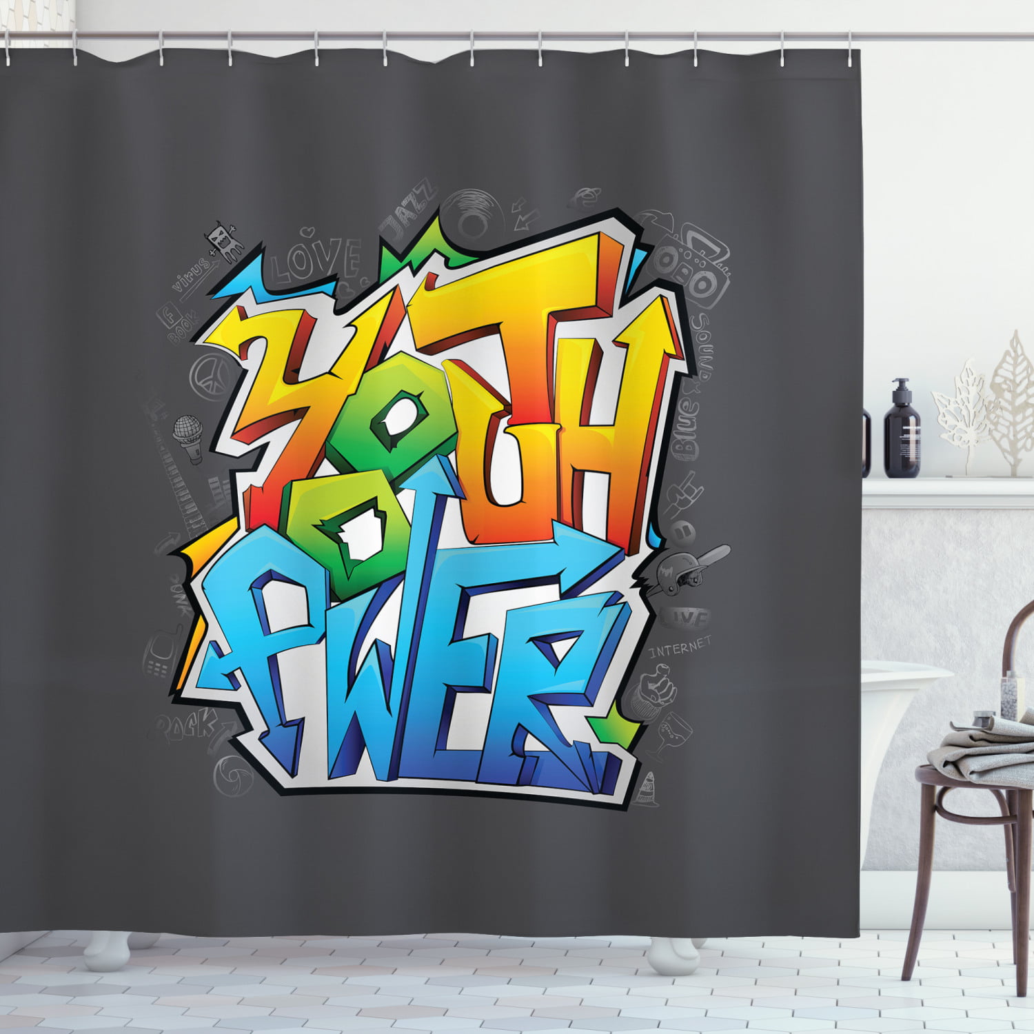 Colorful Abstract Graffiti Art Shower Curtain Set Bathroom Waterproof Fabric 72" 