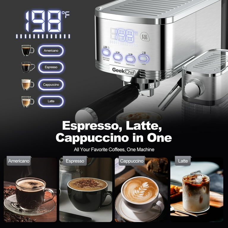  Geek Chef Espresso Machine, 20 Bar Espresso Maker with Milk  Frother Steam Wand, Compact Coffee Machine with for Cappuccino,Latte, Fast  Heating, Stainless Steel: Home & Kitchen