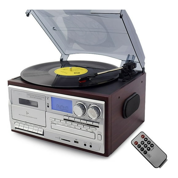 3 Speed Bluetooth-compatible Turntable Vinyl LP Record Player Vintage Gramophone Phono CD&Cassette FM/AM Radio