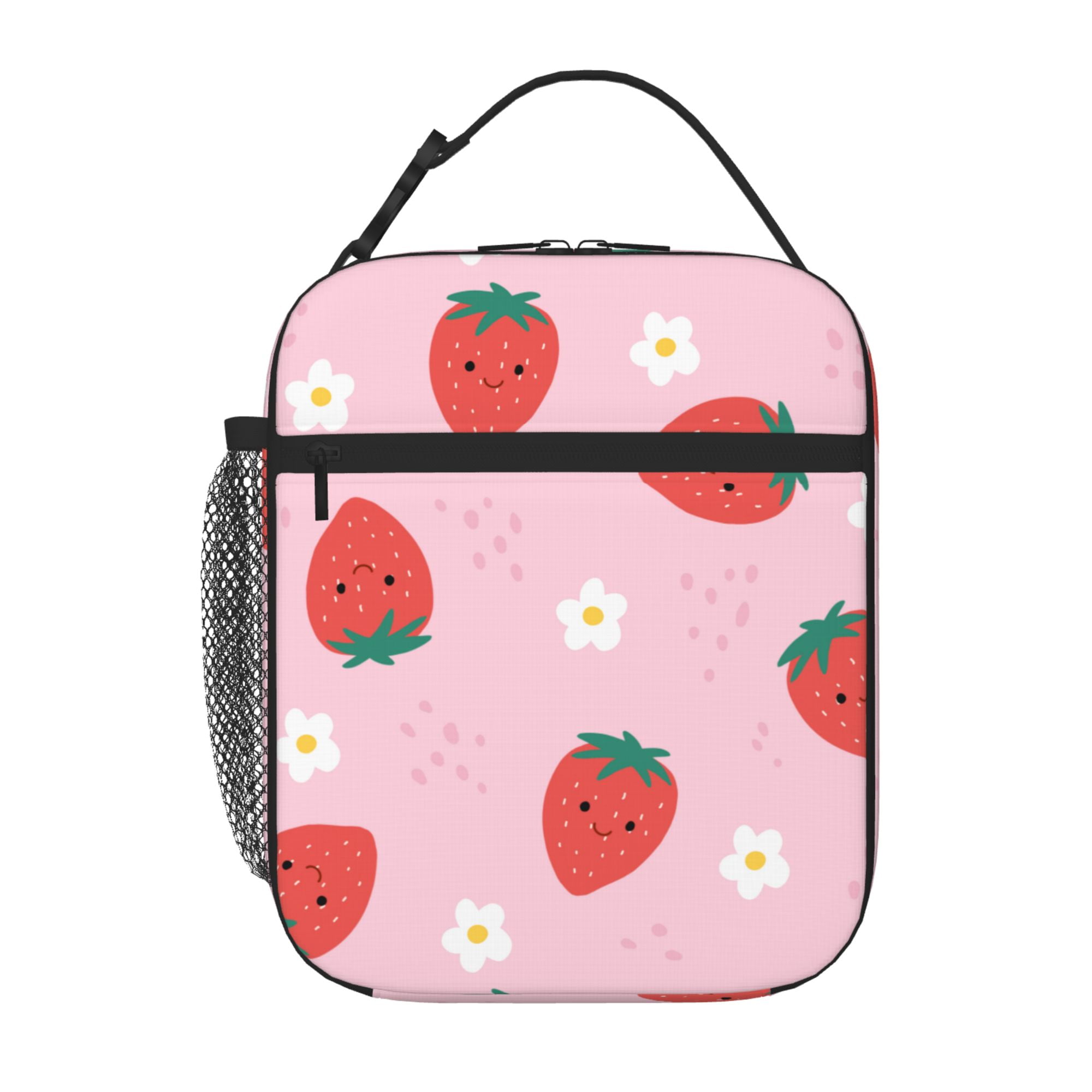 TEQUAN Portable Lunch Bag, Cute Pink Strawberry Fruits Pattern Reusable