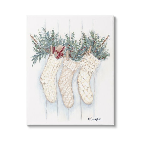 Hanging White Knit Stockings Festive Holly Detail Botanical & Floral Painting Gallery-Wrapped Canvas Print Wall Art