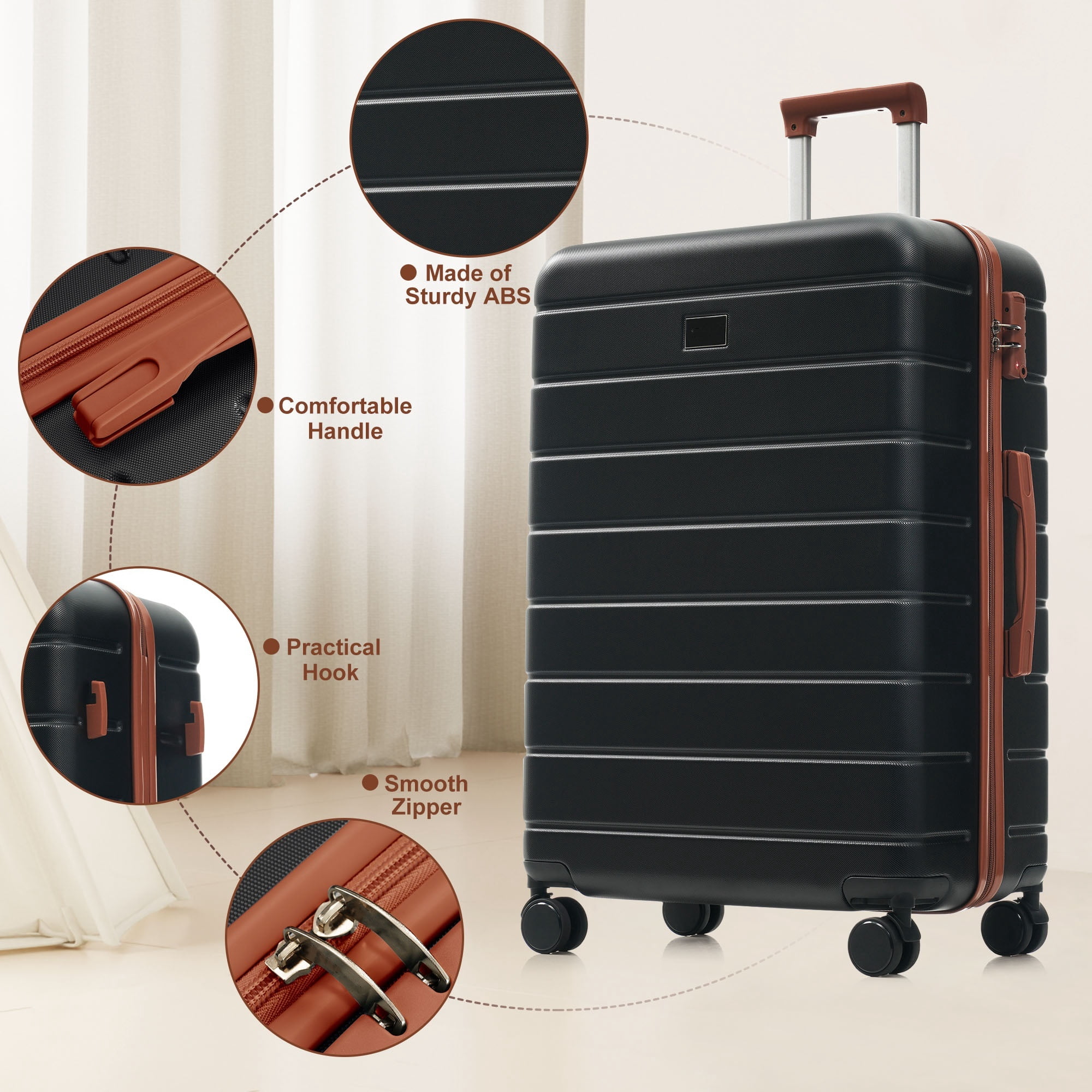 Euroco 3 Piece Luggage Sets, Lightweight Durable ABS Suitcase with Spinner Wheels and TSA Lock for Men Women(20"/24"/28"),Black