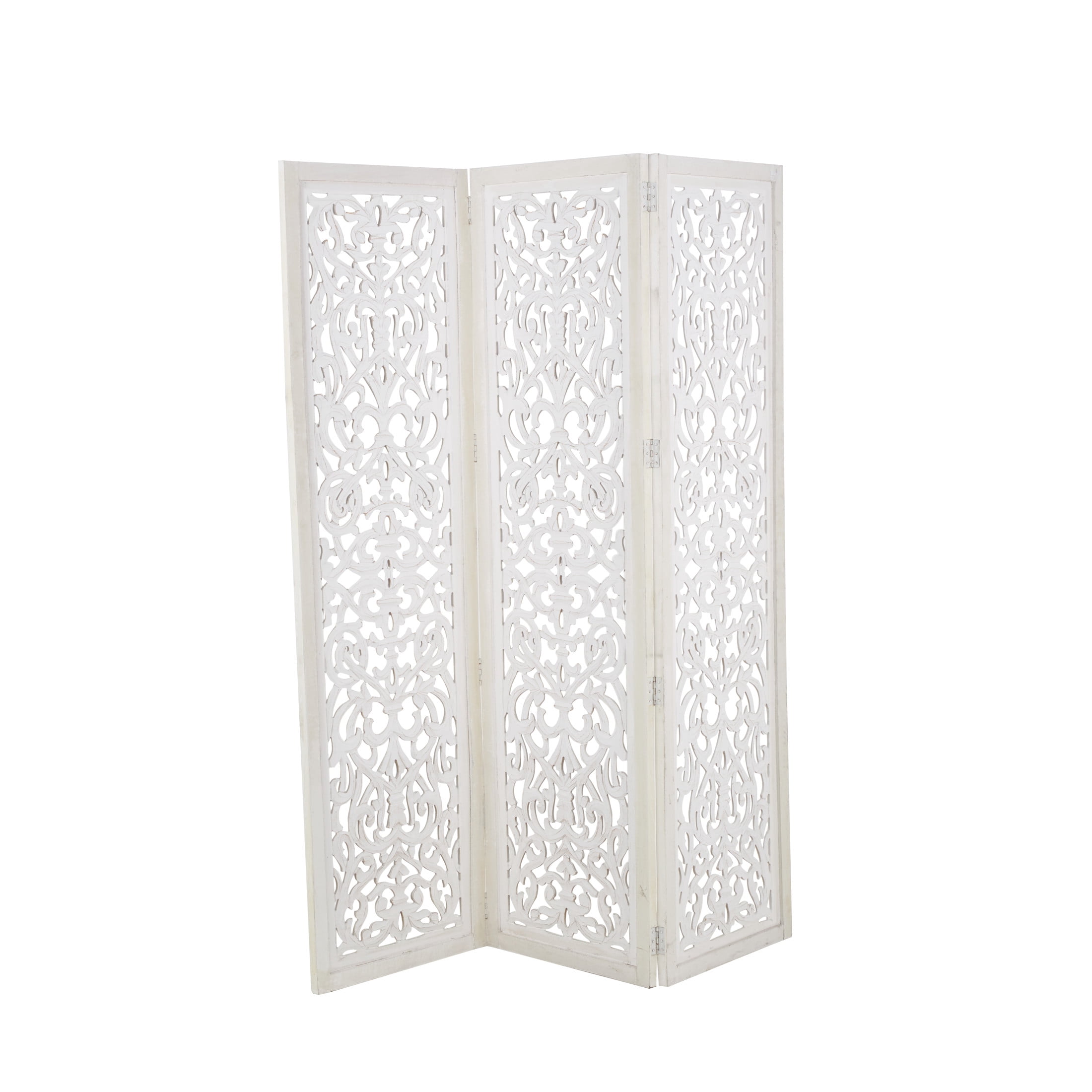 DecMode 60" x 69" White Wooden Floral Handmade Foldable Partition 3 Panel Room Divider Screen with Carved Design, 1-Piece