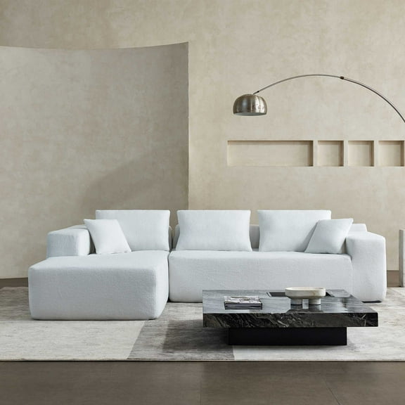 MofitHome, Two Seat Upholstered Sofa With Chaise, White, Left Hand Facing, Living Room, Fabric, L-shaped Design, Modern Minimalist Style.
