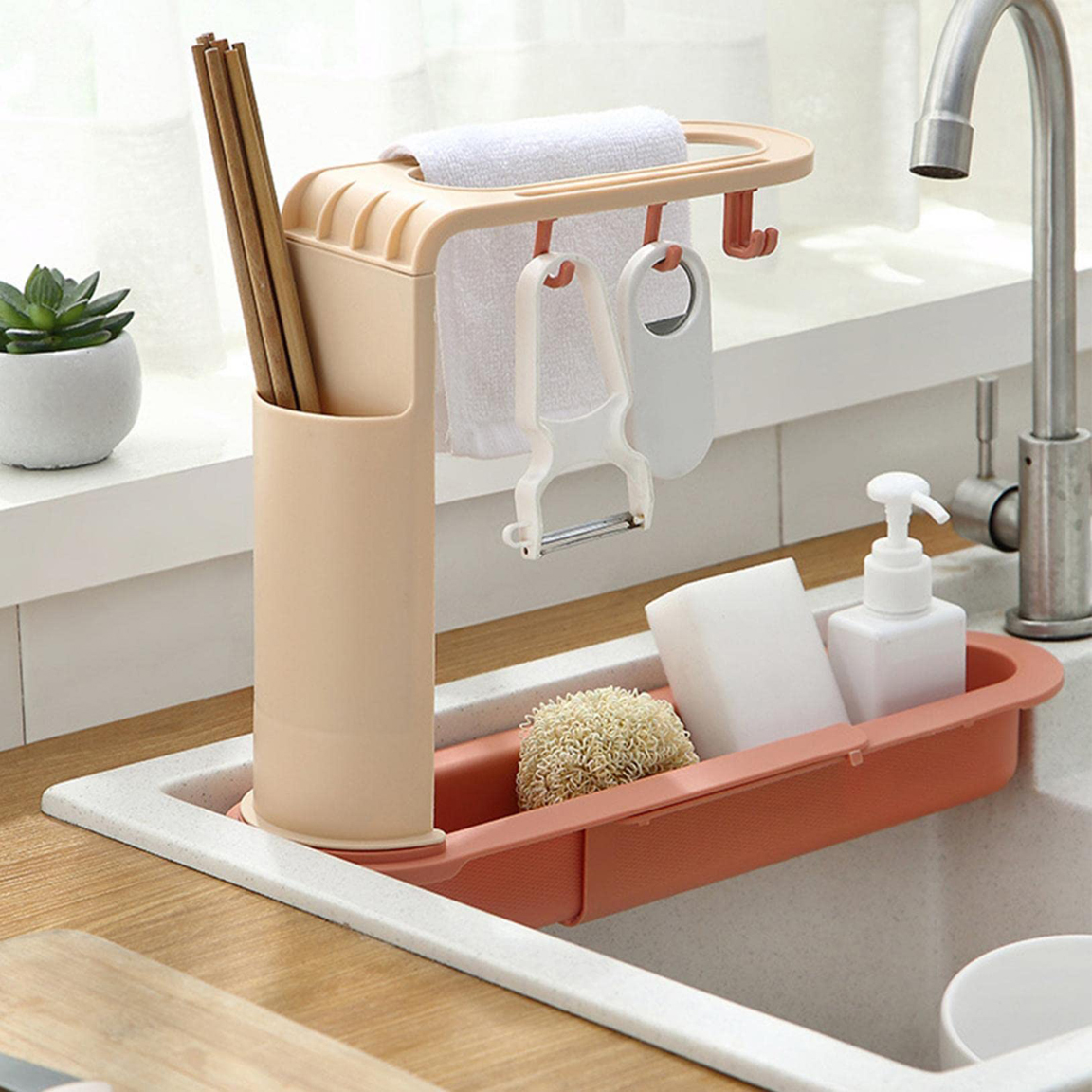 lilubuy Kitchen Telescopic Sink Storage Rack,Sink Rack With 4 Hooks