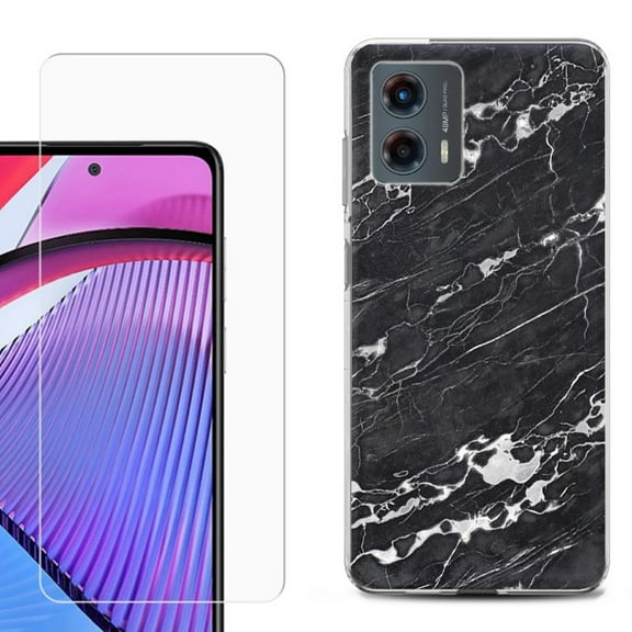 OneToughShield ® Compatible with Motorola Moto G 5G 2023, Shockproof Phone Case, with Tempered Glass Screen Protector - Marble B/W