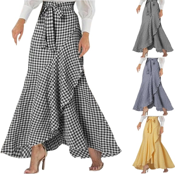PUMISAS Long Plaid Skirts For Women Soft High Elastic Waist Skirts Casual Loose High Waisted Irregular Hem Wrap Skirts