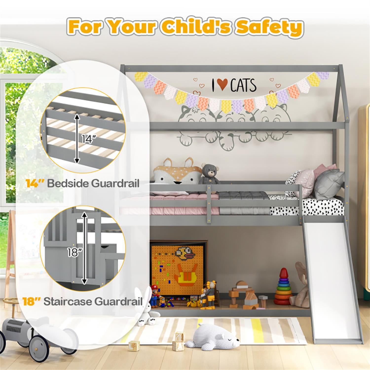 Demi Bonn Twin Over Twin Bunk Bed with Slide and 2-Step Storage Staircase, Solid Wood Loft Bed with Ladder and Full-length Guardrails, Gray