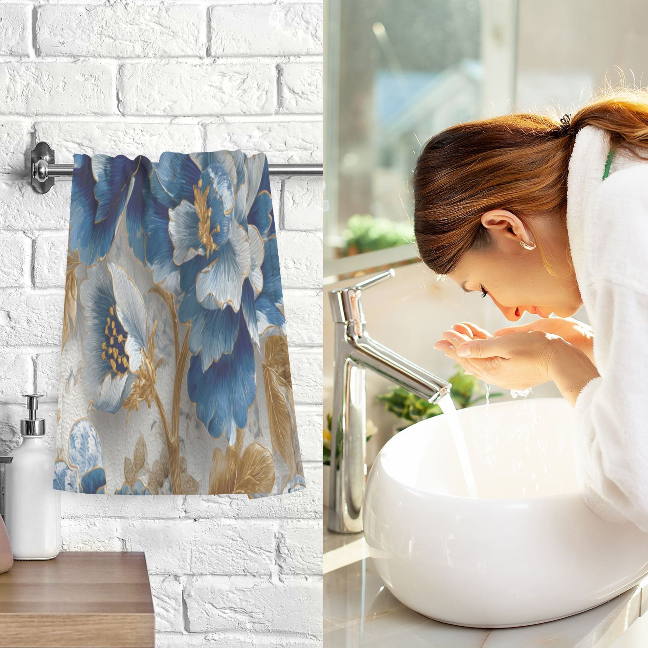 2 Pieces of Cotton Towel Face Towel Set Hand Towel Bath Towel Cotton Bath Towel Sets Blue White Flowers
