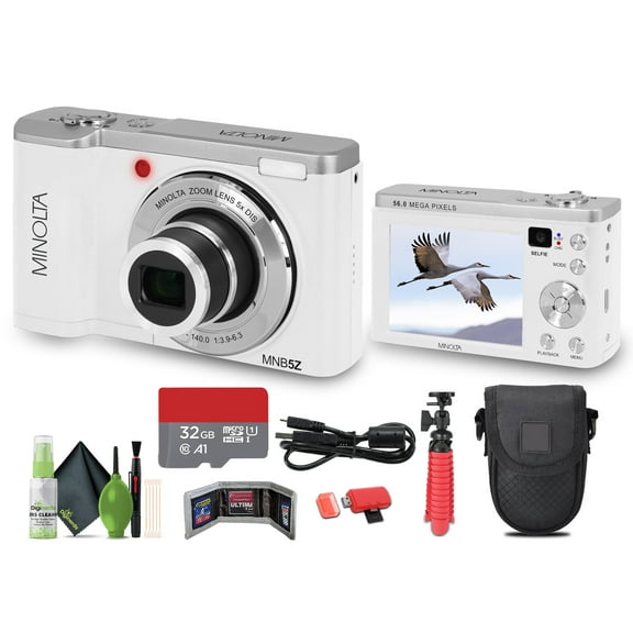 Minolta MNB5Z 56MP Dual Lens Point & Shoot Digital Camera with 5X Optical Zoom & 5K Ultra HD Video Bundle With 32GB Memory Card   Vlogger Tripod   Bag   Cleaning Kit   More Accessories (White)