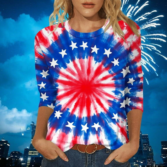 VKOYWKM Women's 4th of July Shirts 3/4 Sleeve Tie Dye Tops Independence Day Red White and Blue Graphic T Shirts Loose Fit Crewneck Holiday Tops