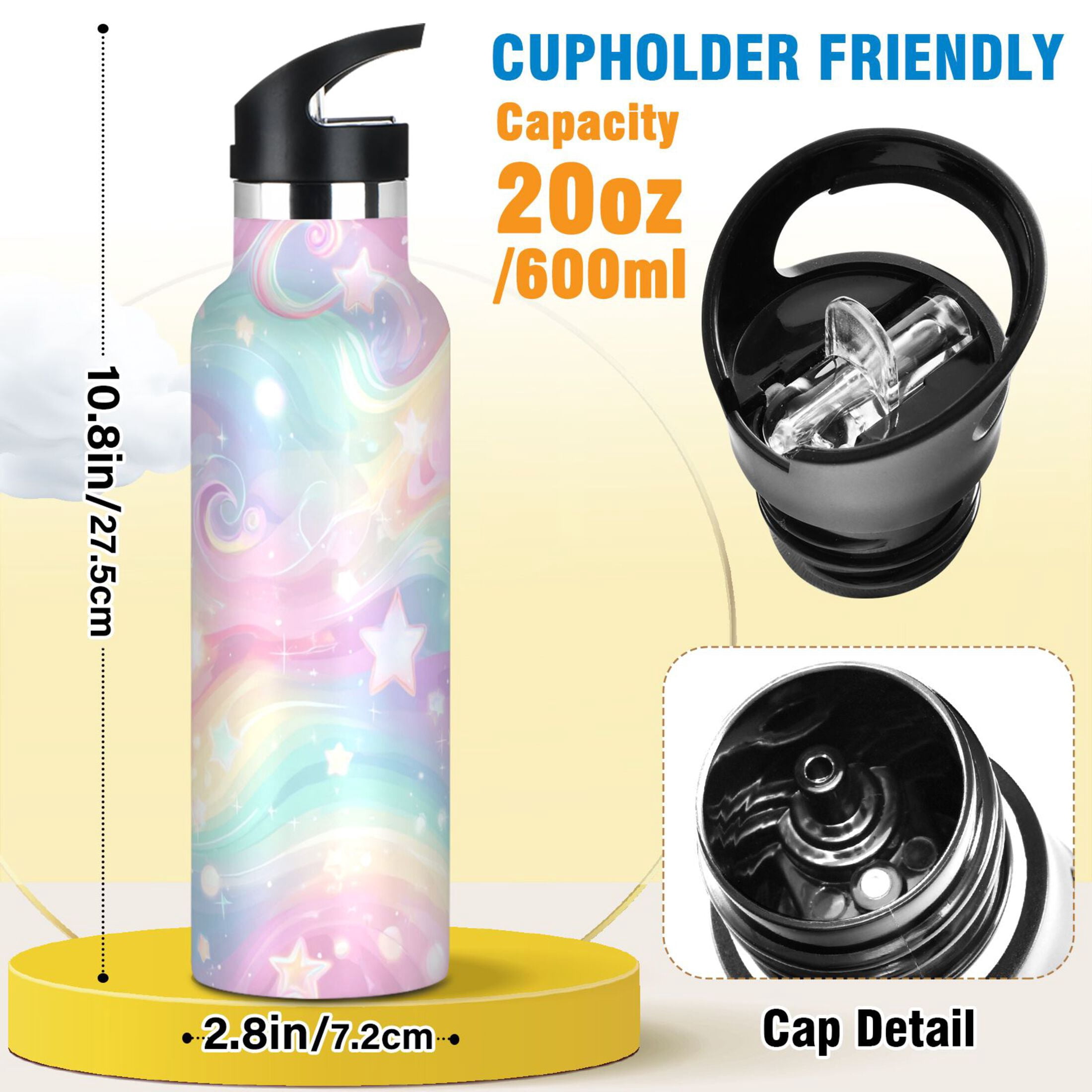 Kids Insulated Stainless Steel Sports Water Bottle 600ml Cute Pastel Rainbow Background