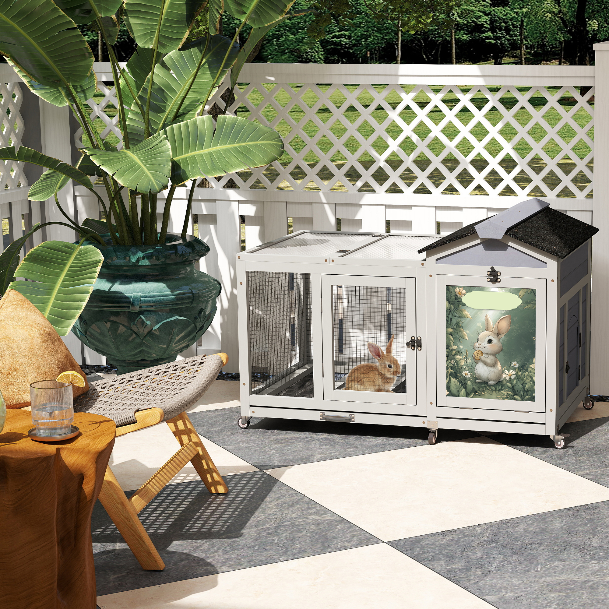 39.5inches Assembled Wood Rabbit Hutch Indoor，Wide Space Small Animal Houses Habitats with Removable Tray&Safety Lock，Bunny Cage with Waterproof Roof&Solar Panels (Grey)