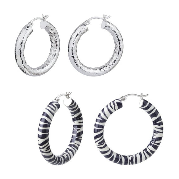 Sterling Silver Zebra Hoop Earrings and Hammered Hoops Earrings Set