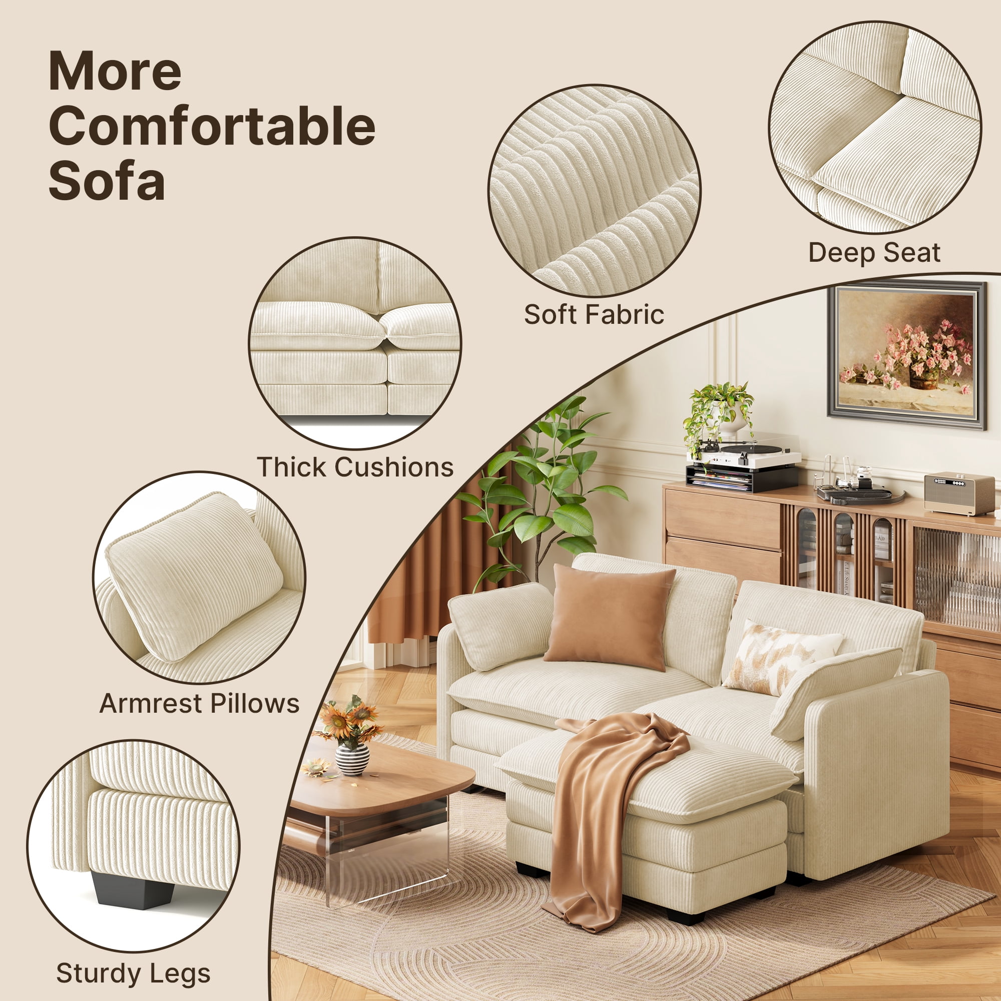 Noelse 75'' Love Seat with Movable Ottoman for Small Space Soft Corduroy Couch Sofa with 2 Pillows 2 Seater Modular Sectional Sofa for Living Room Bedroom and Apartment, Beige