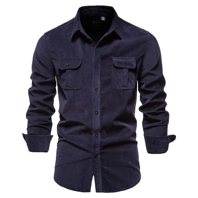 Mikilon Chemise Blouse Décontractée pour Homme en Velours Côtelé de Coton à Manches Longues, Coupe Ajustée, Col Rabattu