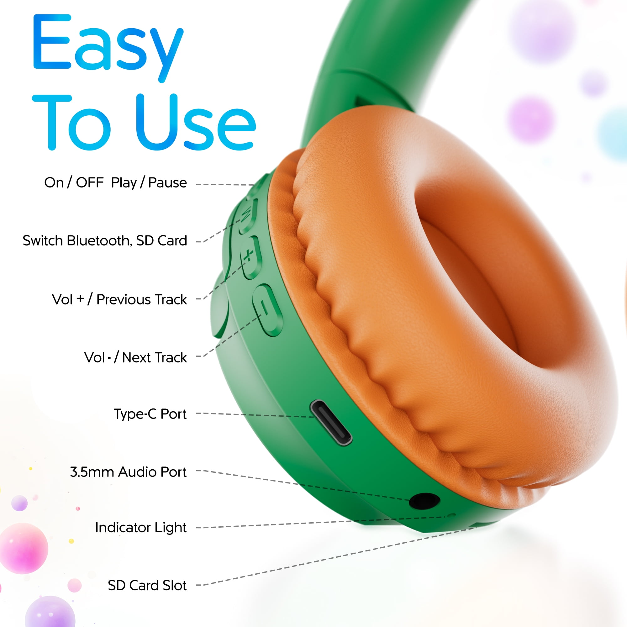 Contixo Foldable Kids Headphones with Microphone, Noise-Limiting Bluetooth Headphones, Green