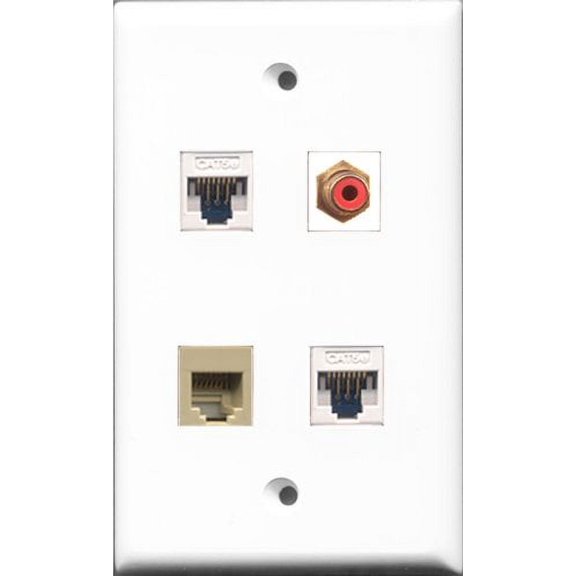 RiteAV 1 Port RCA Red and 1 Port Phone RJ11 RJ12 Beige 2 Port Cat5e Ethernet White Wall Plate