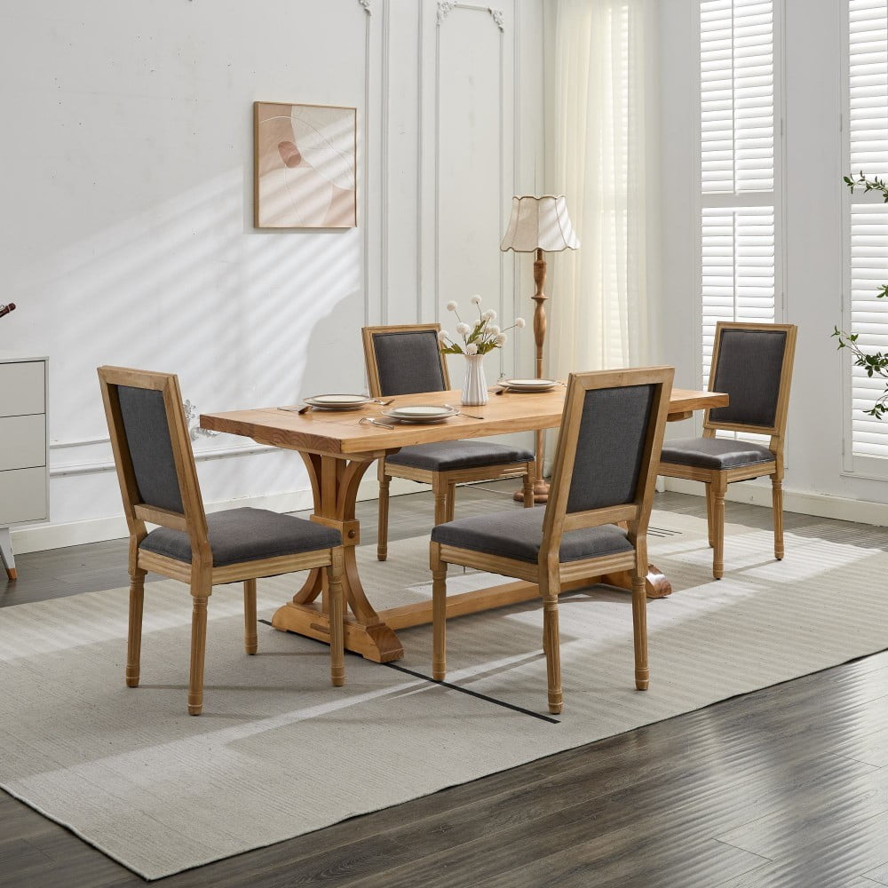 French Dining Chairs Set of 2, Louis Style Upholstered Chairs with Square Backrest, Carved Solid Wood Frame, Linen Fabric, Gray