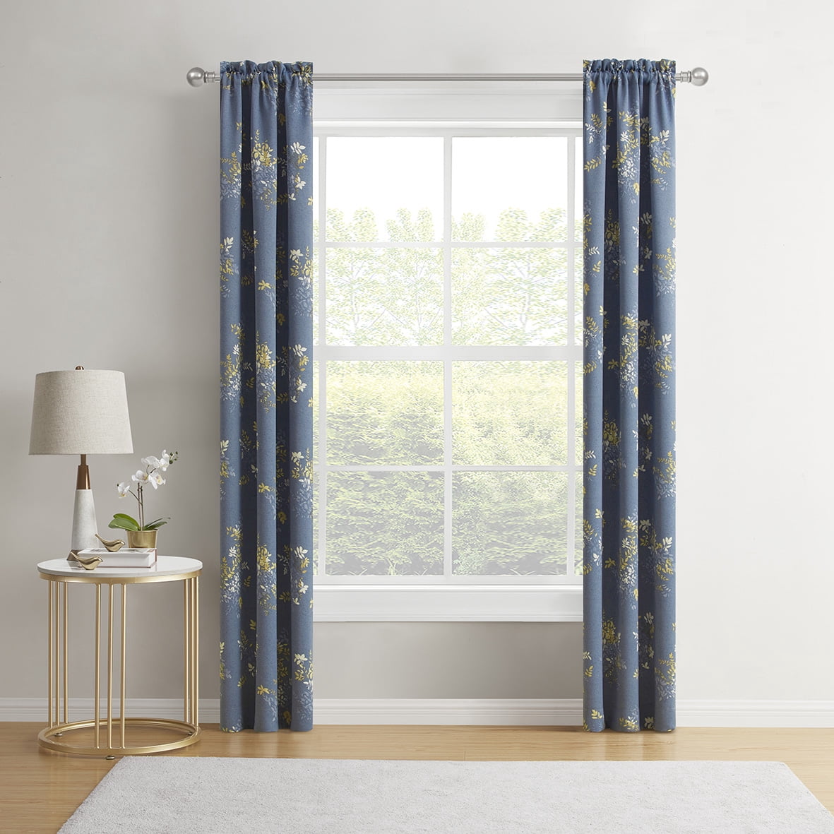 Mainstays Blackout Curtain Panel Pair, Set of 2, Botanical Print Blue, 30"W x 84"L