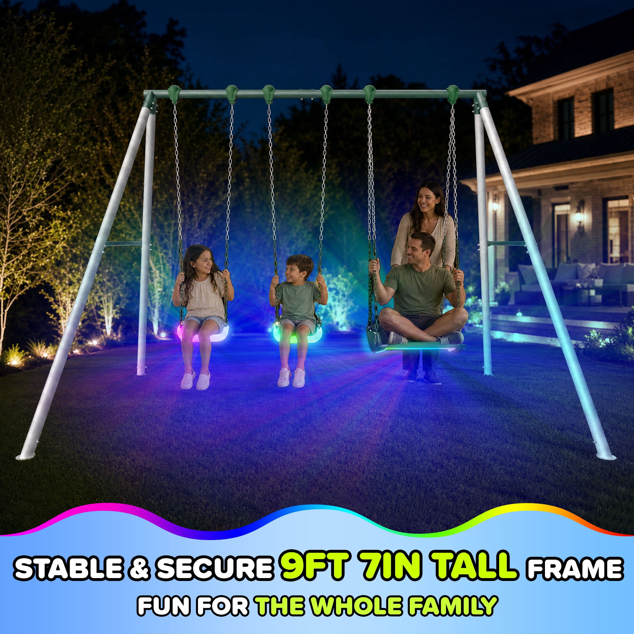 Sportspower Mt. Fuji LED 9.5ft Metal Swing Set for Kids and Adults, Heavy Duty Backyard Playset with Light-Up Swings & 2-Person Skyflyer, Green/White