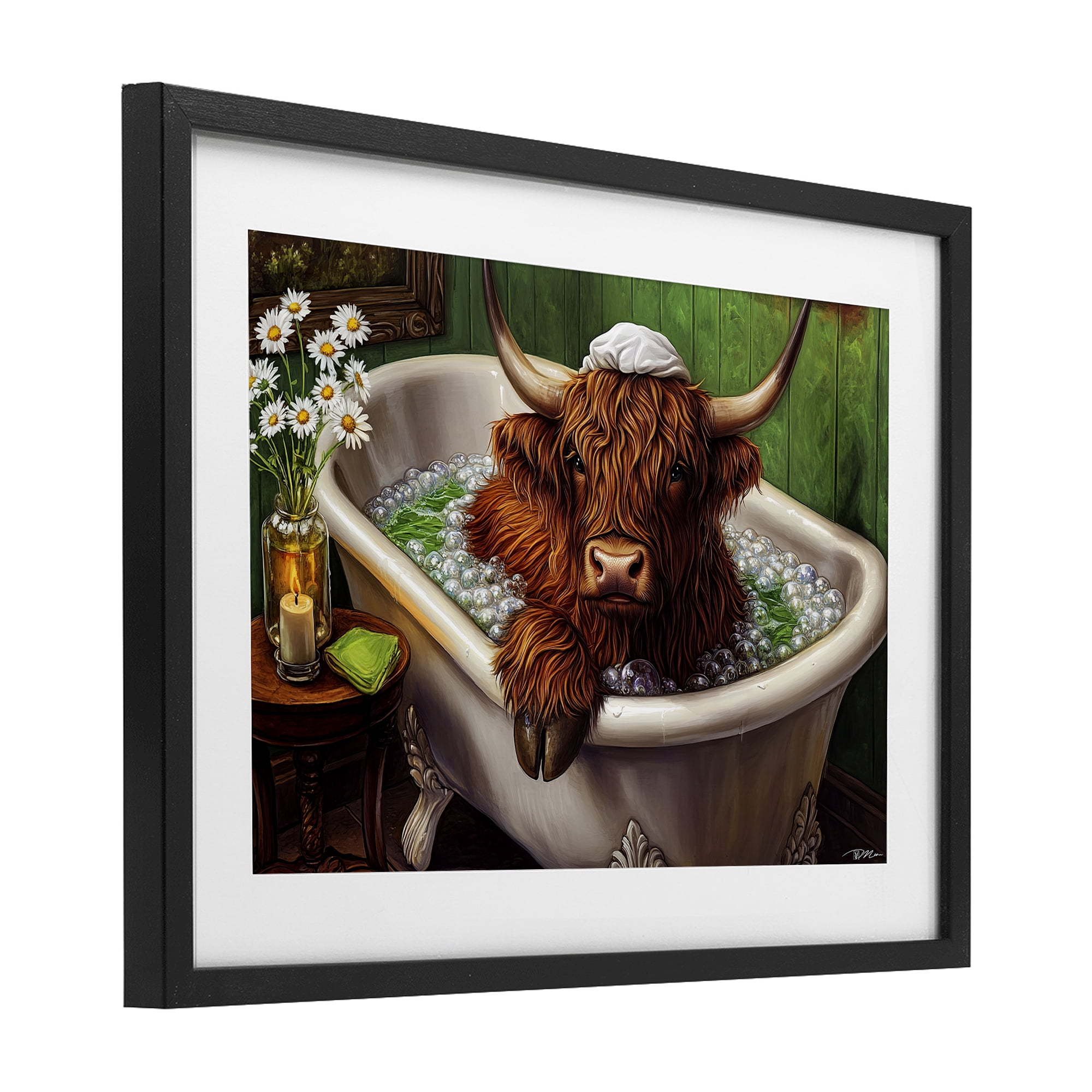 Highland in Candle Lit Bubble Bath Black Framed Print Under Glass, design by Momart