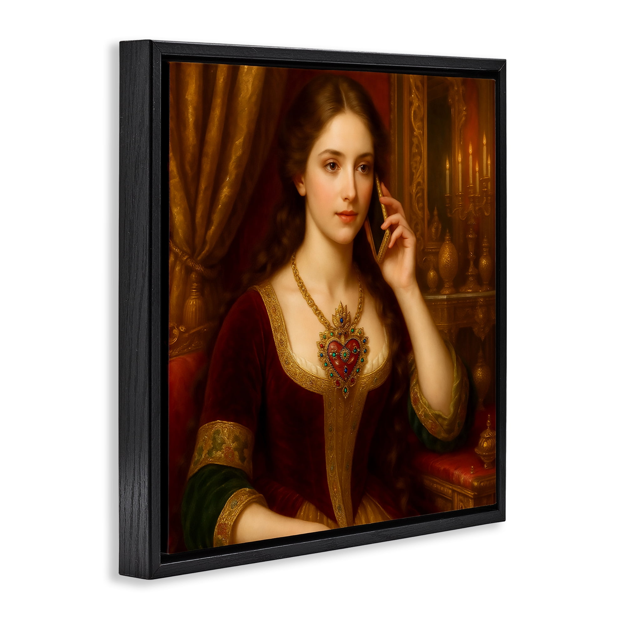 Stupell Industries Rococo Woman with Cell Phone Black Framed Floater Canvas Wall Art, design by Grotto Studios