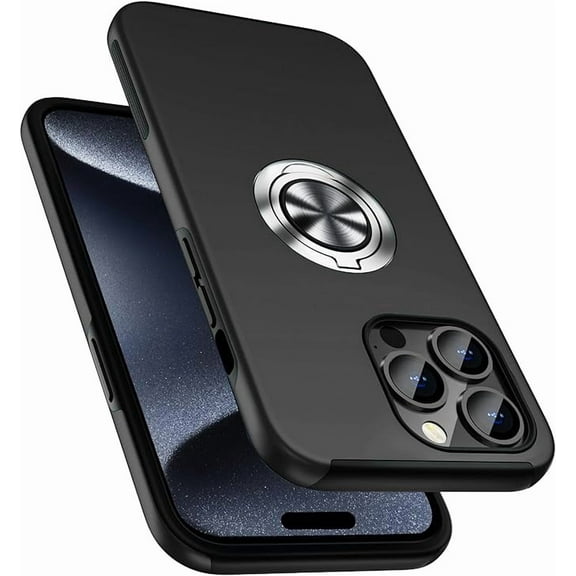 Entronix Case Designed for Apple iPhone 15 Pro Max Heavy Duty Case with Built-in Kickstand, Dual Layer Protection with Rotating Holder Ring, Sturdy Case for Apple iPhone 15 Pro Max, Black