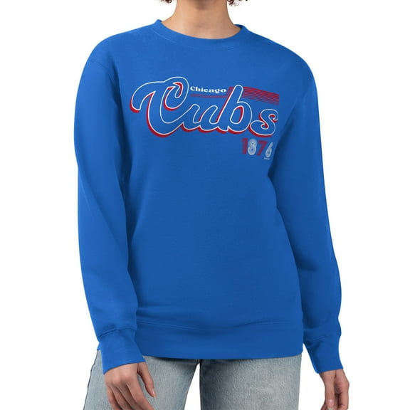 Women's Starter Royal Chicago Cubs Groovy Script Team Fleece Pullover Sweatshirt