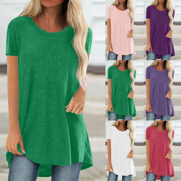 Jacenvly 2024 new ladies plus size tops tunic Casual Women's Summer Solid Round Neck Loose Short Sleeve T-shirt Blouse soft Satiny Ruffle Trim FlounceCrewneck summer clothes for women Green