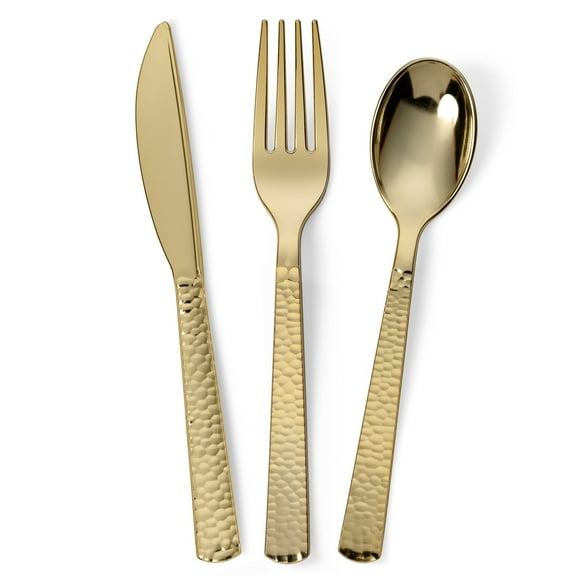 Perfect Settings 150-Piece Gold Plastic Disposable Cutlery Sets, Heavy Duty Premium Hammered Finish, 50 Sets