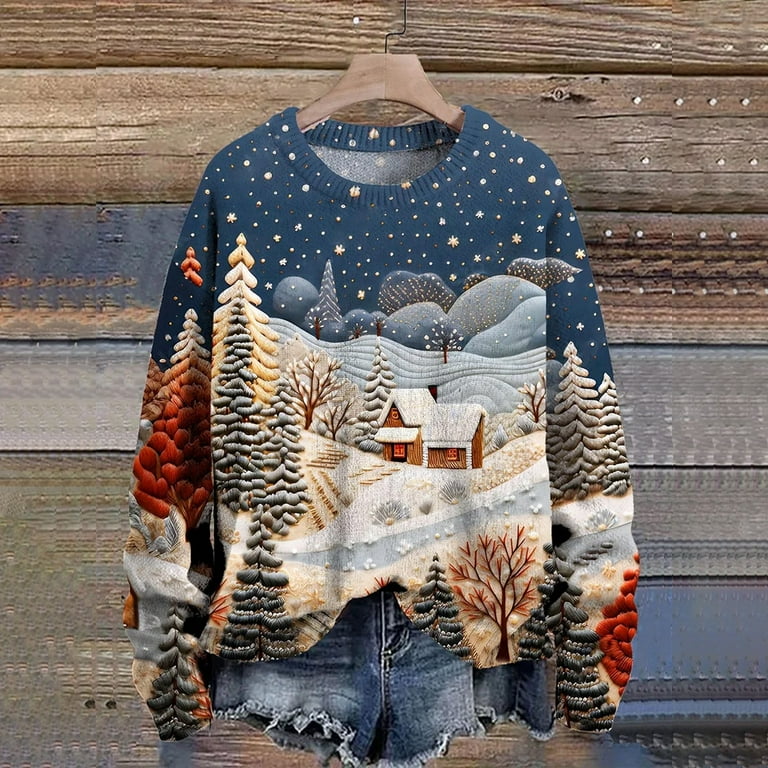 JAHH Walmart Deals Women s Breathable Hoodies Christmas Art Embroidery 3D Art Print Pullover Sweater Sweatshirt for Autumn Winter Warmth Tops M Blue Walmart