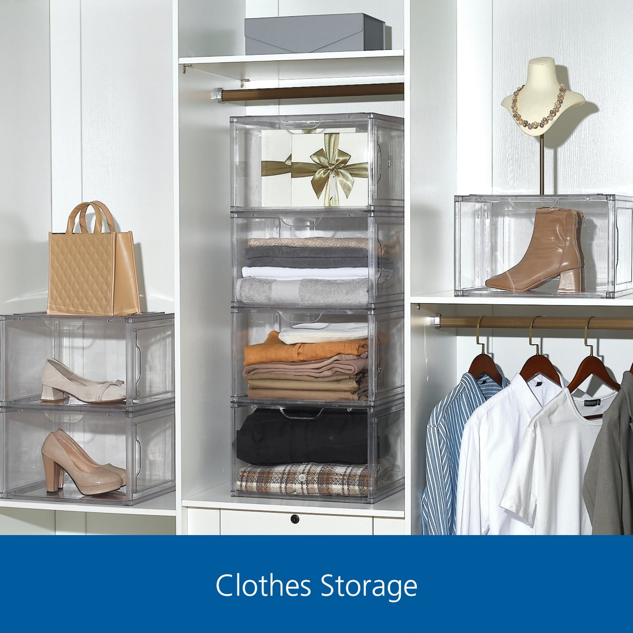 Mainstays 3 Pack Stackable Clear Glossy Plastic Drop Front Shoe Organizer, Adult Size, 1 Tier