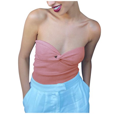 

MIARHB Women s Tops Knot Front Knit Tube Sexy Strapless Ribbed Sleeveless Crop Tank Bustier Top Pink L