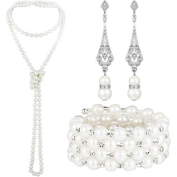 3 Pcs 1920s Pearl Jewelry Set Including Pearl Necklace Dangle Rhinestone Pearl Dangle Earrings 20s Pearl Bracelet Multilayer Imitation Pearl Necklace