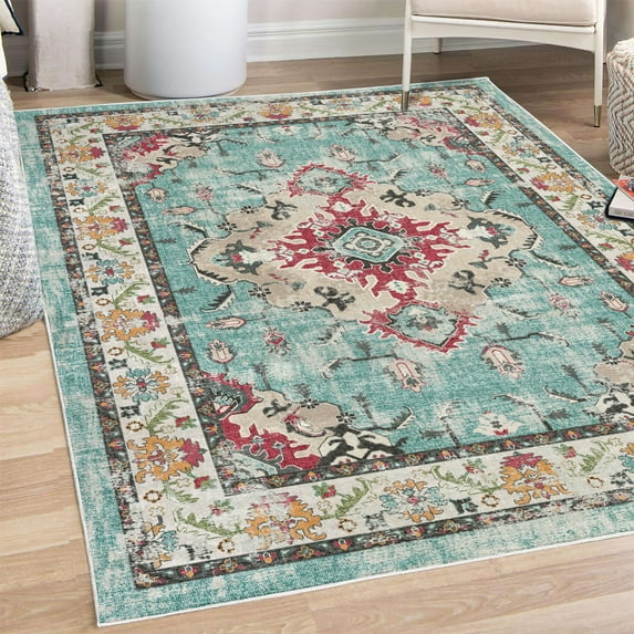 Vintage Decorative Rug, Grunge Floral Artwork Retro Oriental Feels Nostalgic Tulip Details Print, Quality Carpet for Bedroom Dorm and Living Room, 6 Sizes, Seafoam and Magenta, by Ambesonne