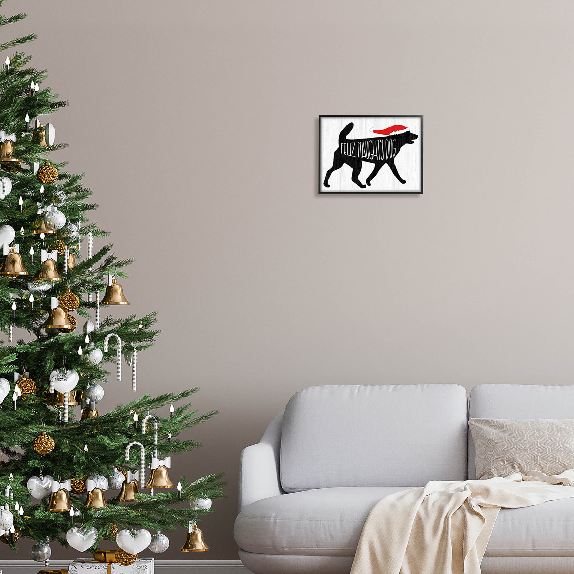 Feliz Naughty Dog Funny Pet Holiday Graphic Art Black Framed Art Print Wall Art