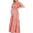thumbnail image 4 of FOCUSNORM Robe de Maternité pour Femmes Été à Manches Courtes Col en V Unie Ample Évasée Robes Robe de Grossesse, 4 of 8