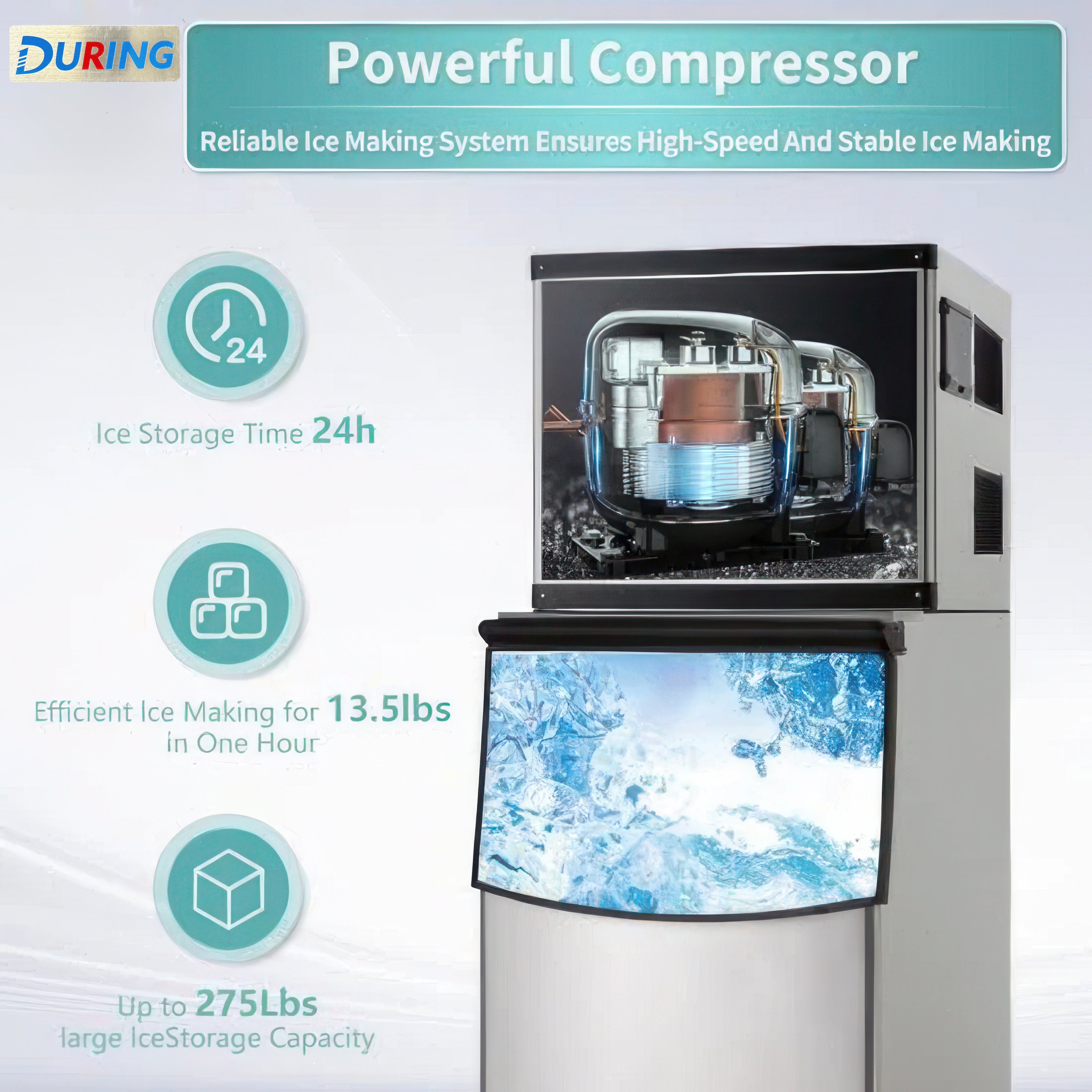 DURING D-SK-329 Commercial Ice Machine, Full Cube Ice Maker Machine 350 lbs Ice with 308lbs Storage Capacity