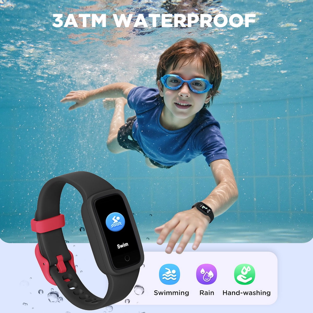 BIGGERFIVE Vigor 3 Kids Fitness Tracker Watch, AMOLED Screen, No App No Phone Needed, 3ATM Waterproof, Heart Rate and Sleep Monitor, Pedometer Watch, Sports Step Counter for Girls Ages 5-15, Black