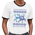 thumbnail image 2 of Reindeer Christmas Cross Stitch Ringer Tee Shirt Unisex Small White/Black, 2 of 5