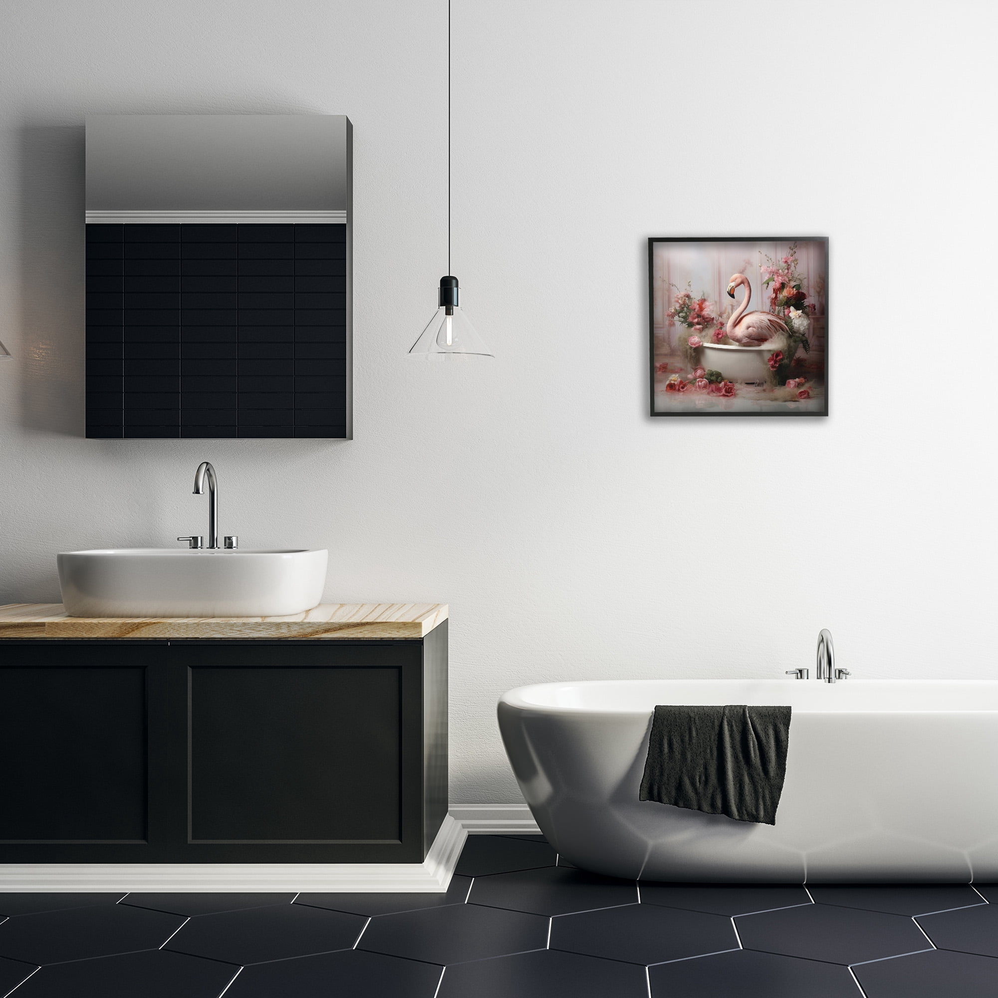 Stupell Industries Flamingo in Stately Bathroom Animals & Insects Painting Black Framed Art Print Wall Art, 17 x 17